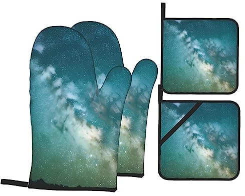 Starry Night Sky Deep Outer Space Print Oven Mitts and Pot Holders Sets of 4, Heat Resistant Kitchen Oven Gloves Hot Pads