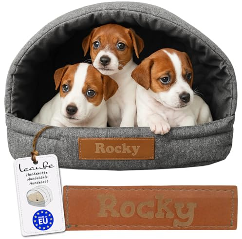 Leanbe Personalisierte Hundehütte/Hundehöhle – Kuscheliges Hundebett mit Namensgravur – Katzenhöhle & Schlafplatz für kleine und große Hunde Hundehaus (Graphit, R2:48x37x32cm)