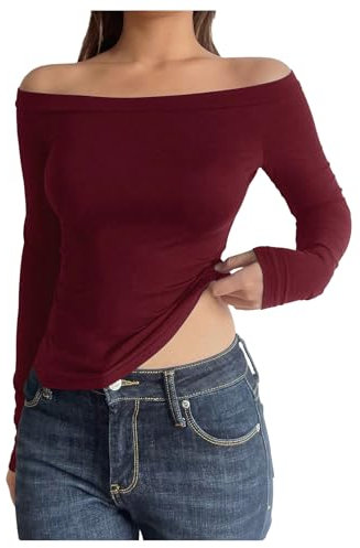 GORGLITTER Women's Off Shoulder Long Sleeve Tops Seamless Slim Fit T Shirts Undershirts Base Layer Burgundy Small
