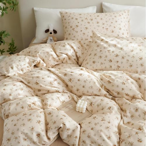 Tospass Bettwäsche 200x220 Baumwolle Beige Khaki Blumen Bettwäsche Set | ÖKO-TEX Bettwäsche für Allergiker,Aesthetic Bettwäsche Mädchen,3teilig Bettbezug mit Reißverschluss und 2 Kissenbezug 80x80cm