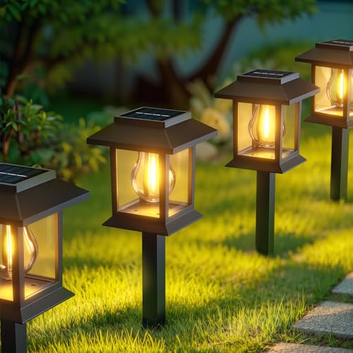 GLOBAL GOLDEN Solar Lights Outdoor Garden, 4 Pack Stake Waterproof Solar Garden Lights Pathway Lighting Outdoor for Patio Pathway Lawn Yard Decoration (4)