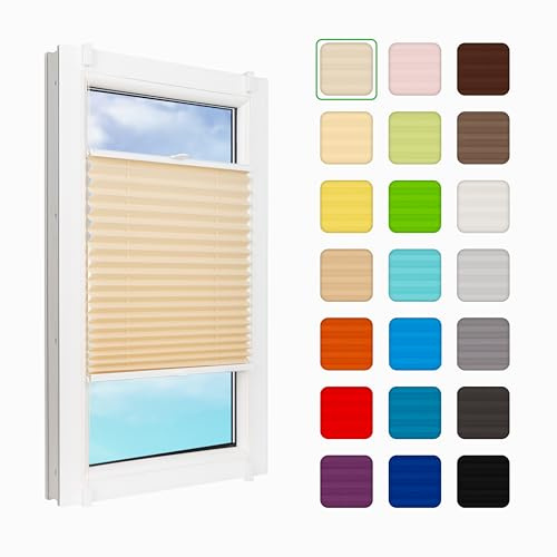 MakoStyl Fenster Plissee Innen ohne Bohren - B 65 H 200 cm Klemmfix Beige Plisee - 100 g/m2 Plissees Faltrollos - 50% Verdunkelung Blissett Rollo - Blickdicht Klemmplisseeses