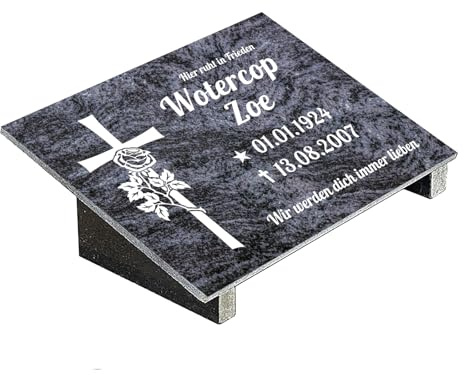 Grabplatte mit Inschrift aus Granit Orion Blue, personalisierbar Gedenktafel für Urnengrab, Wählmotiv, Grabstein für 1-2 Pers., Urnengrabstein (Orion Blue, 20x30cm mit Stützen, Kreuz)