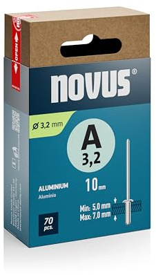 Novus Tools Aluminium-Blindnieten Ø 3,2 mm, 10 mm Länge, 70 Nieten, 5,0-7,0 mm Klemmlänge, ideal zur Befestigung von Nichteisen-Metall, Kunststoff, Leder und Stoffe