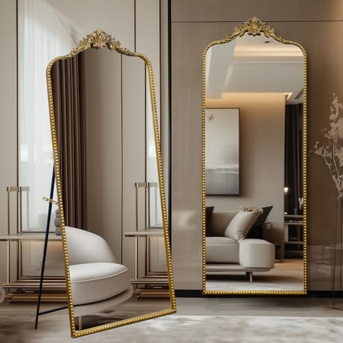 G-LEAF 76cm x 190cm Barock Bogen Ganzkörperspiegel, Vintage Gewölbter Standspiegel, Groß Antiker Wandspiegel zum Stehen, Anlehnen oder Hängen, Bodenspiegel für Schlafzimmer, Wohnzimmer,Gold