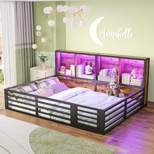 LAKFEW Bodenbett 140x200 cm Kinderbett mit Rausfallschutz und LED-Leuch, Bett mit Stauraum Staufach, Jugendbett Metallbett mit Lattenrost, Kinderzimmer Möbel, Ohne Matratze, Schwarz