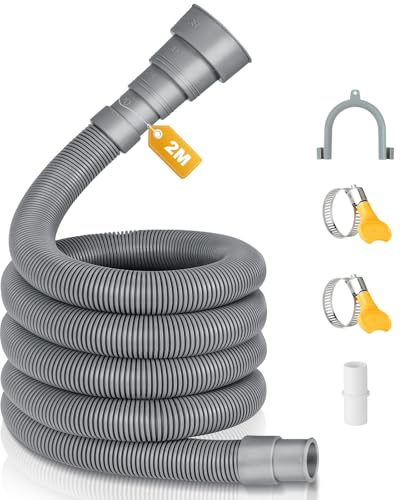 Cozary Waschmaschinenschlauch Verlängerung, 2M Universal Ablaufschlauch Verlängerung inkl Schlauchverbinder und Schlauchschellen, U Bügel, für Waschmaschine Geschirrspüler