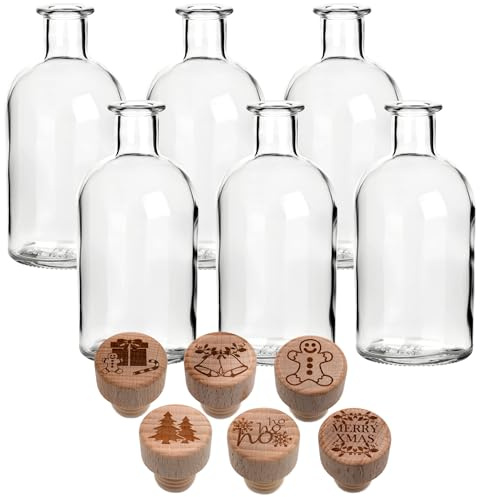 gouveo Set di 6 bottiglie di vetro da 250 ml, farmacista con tappo in sughero inciso, 6 motivi X-Mas, bottiglia vuota da 0,25 l, da riempire, bottiglia da farmacista per Natale (AFR250HGKX-MAS10)