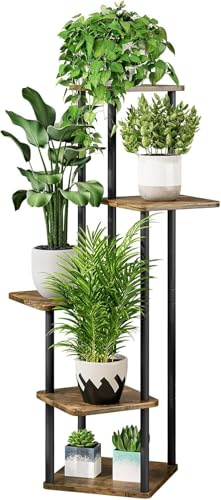 Dazioter Blumenständer 5-stufiges Pflanzenregal aus Metall für mehrere Pflanzen, hohe Eckblumenhalter für Terrasse, Garten, Wohnzimmer, Balkon, Schlafzimmer(5 Stufen-schwarz + rustikales Braun)