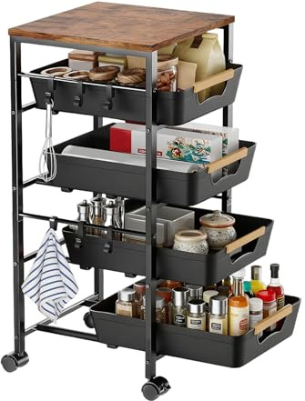 THCTYRP Carrello da cucina con 5 ripiani e 4 cassetti, con piano in legno e cesti ventilati, ruote a 360° con 2 freni, per conservare frutta, verdura, forno a microonde in cucina e soggiorno (32 x 38