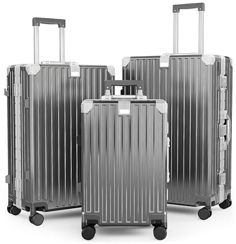 ALPHA CAMP Koffer Set 3 Teilig Hartschale mit Rollen Suitcase Set Luggage | Polycarbonat Aluminium Rahmen Kofferset M L XL Reisekoffer TSA Schloss Hartschalenkoffer Set Groß Flugreisen Reisekoffer