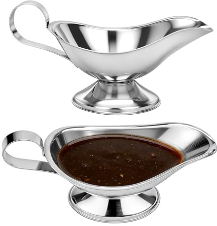 2 Pcs 8 oz Gravy Boat With Easy-Pour Spout and Handle,Stainless Steel Sauce Boat dish for Serving Black Pepper,Creamer,Maple syrup,broth,Salad dressing