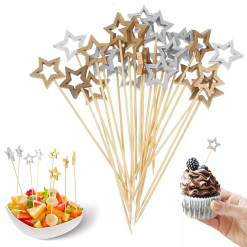 100 stycken tandpetare, stjärncocktailspett, träspett, fingermatspett, julcocktailplock, guldstjärna, festspett, tandpetare, trä, fruktspett för grillmat, frukt, cupcake (guld och silver)