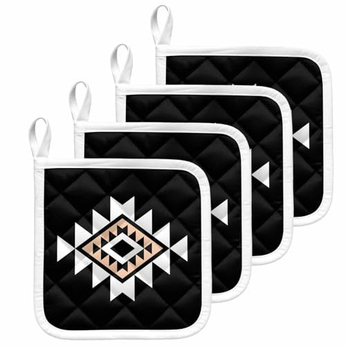 Abstract Aztec Tribal on Black Pot Holder Set of 4,Heat-Proof Kitchen Dining Hot Pads Retro Western Ethnic Geometric Non-Slip Potholders for Oven,Cooking,Baking,Stove,Countertop