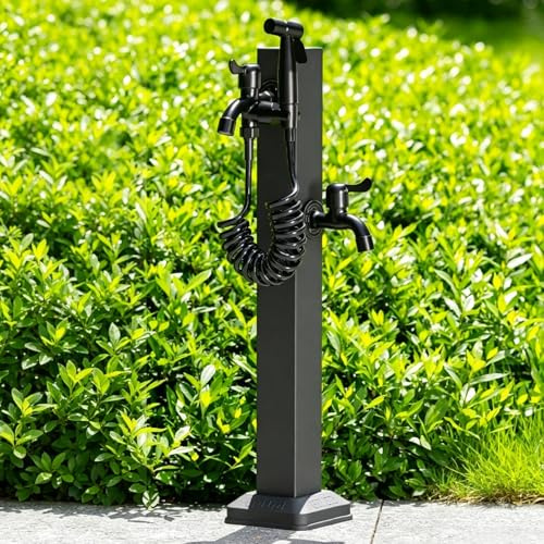 Fuente Jardín de Pie, Grifo Jardín con Dos Salidas y Pistola, Soporte de Manguera de Jardín Independiente de Acero Inoxidable, Fuente de Columna de Exterior de Jardín(60cm/24in)