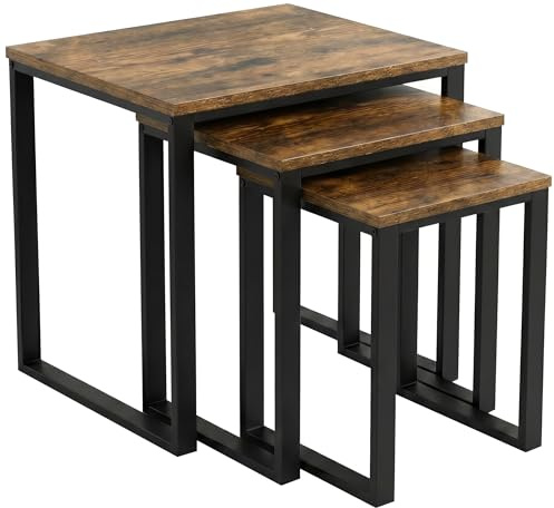 Blisswood Nesting Table Set of 3, Industrial Nest of Tables with Metal Frame, Stackable Sofa Side End Tables for Living Room Bedroom, Space Saving Coffee Table for Small Spaces, Rustic