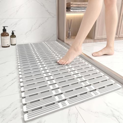 Venuso Duschmatte rutschfest Anti Schimmel, 90 x 40 cm Badematte für Dusche und Badewanne, Schnell Trocknende Duschmatte mit Saugnäpfen, Zuschneidbare Badewannenmatte, Grau