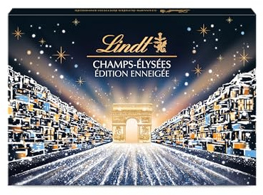 Lindt - Boîte CHAMPS-ÉLYSÉES Édition Enneigée - Assortiment de Chocolats au Lait, Noirs et Blancs - Pralinés, Croustillants et Onctueux - Idéal pour Noël, 395g