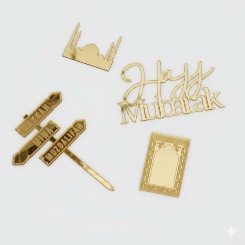 Cranight Muslim Umrah Mubarak Cake Topper and Charm Set of 4, Gold Acrylic Hajj Mubarak Cupcake Toppers for Eid, Umrah Return Party, Islamic Dessert Decorations, Ramadan Mubarak Party Supplies