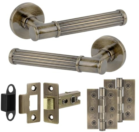 Decoranddecor Leto Antique Brass Internal Door Handles, Hinge Kit 76mm | Reeded Lever on Rose, 64mm Latch & 2 Hinges Included, Sprung Return, Fire Rated CE Mechanism, Internal Doors, 1 Set