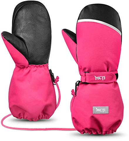 MCTi Kids Mittens Waterproof Winter Ski Warm Sherpa Lined Long Cuff with String (Red, XX-Small(Fits 5-7 Years))
