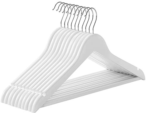 SONGMICS Wooden Hangers, Set of 10, Solid Wood Hangers, Notches in the Shoulder Area, Non-Slip Trouser Bar, 360° Rotating Hook, for Suits, Shirts, White/Silver CRW03W10