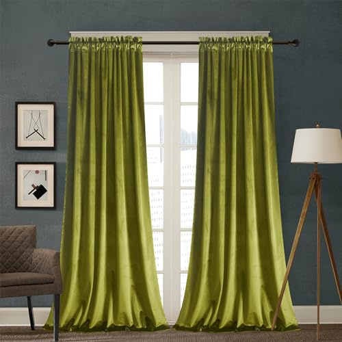 Roslynwood sammetsgardiner 2 paneluppsättningar, blockljus värmeisolerad velourstång fickgardiner för sovrum och vardagsrum (132 x 243 cm, olivgrön)