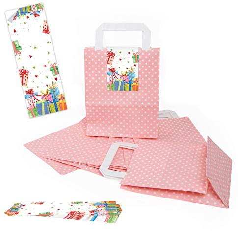 Logbuch-Verlag 5 Papiertüten rosa weiß gepunktet mit Henkel + lange Aufkleber m. bunten Geschenken Herzen - Geschenkverpackung Mitgebseltüte Kindergeburtstag Mädchen