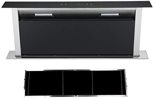 Cookology Downdraft Extractor Fan Glass in Black & Recirculating Carbon Aluminium Filters - 90cm Width - Touch Control Panel - Easy to Fit Filters - Concealed in Worktop - Powerful Extraction Rate