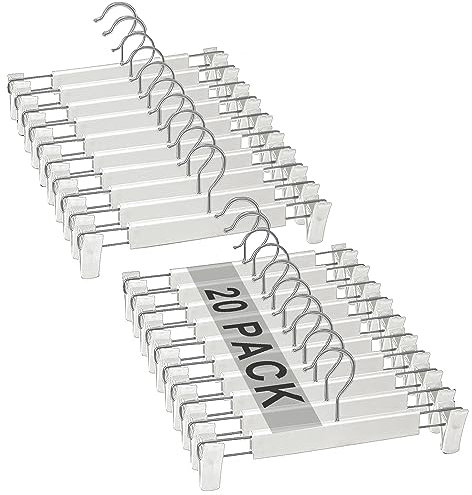 Hosenbügel Platzsparend,20 Stück mit Clip Platzsparende Rockhalter mit 360 ° Schwenkhaken,Verstellbare Clips Hosenbügel,für Hängende Hosen Socken Röcke Mäntel,Weiß