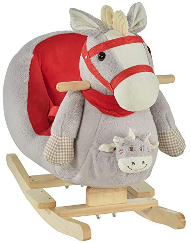Qaba Kids Ride-On Rocking Horse Toy, Rocker with Lullaby Song, Hand Puppets & Soft Plush Fabric for Children 18-36 Months, Gray