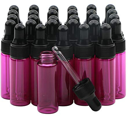 Rowiz 30 st 5 ml små droppflaskor eterisk olja glasflaska, lotionparfym provflaskor med glasögondroppare och svarta lock rosa flaska. (rosa)