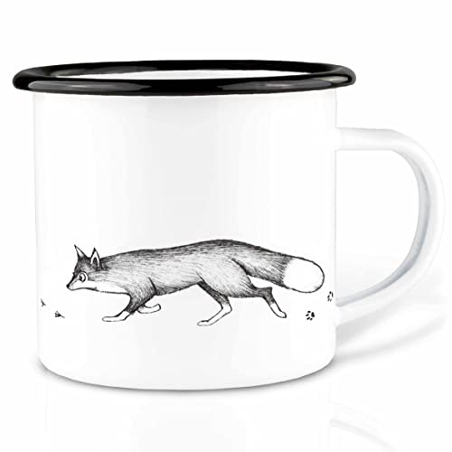 Ligarti Emaille Tasse (leicht & robust) | Camping Becher handveredelt in Deutschland | Trinkbecher für Kinder, Kaffeetasse, Emaillebecher | Essende Tiere (Fuchs und Ganz, 500ml)