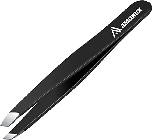 Amorux Tweezers for facial hair women & men Professional Stainless Steel black color coated precision tweezers Slanted & Pointed Tip eyebrow tweezers for Ingrown Hair tweezers