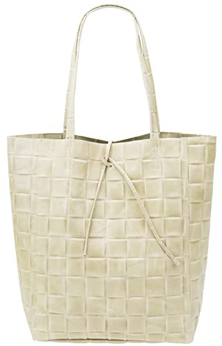 SH Leder ® Damen Echtleder Shopper in geflochtene print mit Innentasche in vielen Farben Schultertasche Henkeltasche 37x29cm Kamilla G267 (Beige)