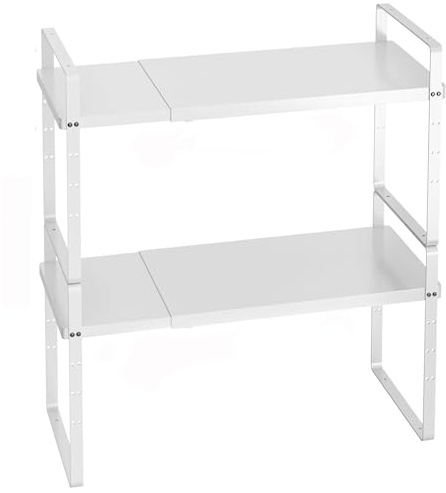 iPEGTOP 2 Pack Expandable Cabinet Storage Shelf Organizer Rack, Heavy Duty Steel Metal Spice Rack Adjustable Height Home Office Pantry Shelf Space for Counter Kitchen Organization, White, Large