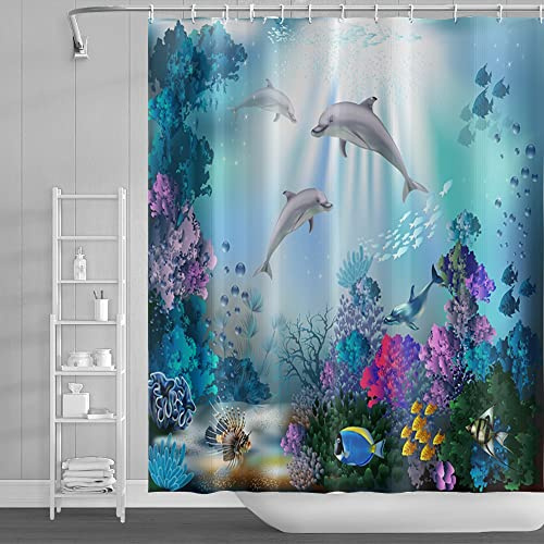 SDOTPMT Tenda da doccia con motivo a delfino, 122 x 183 cm, con raggio di sole, tropicale, colorata, con pesce, subacquea, mondo marino, animali marini, per bagno, decorazione in tessuto poliestere