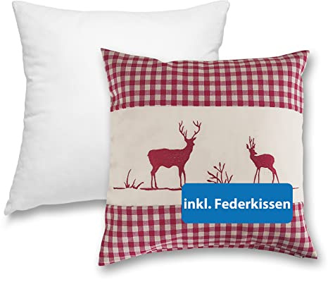 wometo Landhaus Kissenbezug 40x40 Hirsch rot inkl. Federkissen Oeko-TEX | Dekokissen-Set - Zierkissen kariert, Sofakissen mit Reißverschluss und Füllung, Kissenhülle inkl. Innenkissen