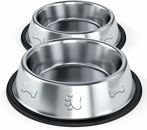 Buystarget 2x 21cm Large Dog Bowls Non Slip Pet Cat Puppy Stainless Steel Water Food Dish Bowl 500ml capacity With Rubber Base for indoor or outdoors Cats Small Dogs