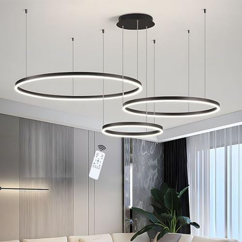 LIUYU Lámpara Colgante LED Moderna Regulable Lamparas De Techo Salon Colgantes Aluminio 3 Anillos Lampara Colgante Circular Con Control Remoto 75W Negro Lampara Techo Salon ∅20+40+60 cm