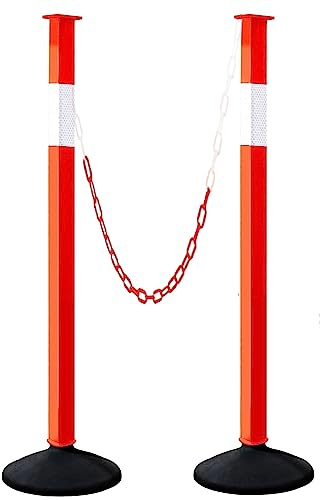 Traffic Delineator Post with Weighted Base & Reflective Collars, Adjustable Parking Cones with 4 FT Chains, Portable Orange Driveway Barrier Pole for Traffic Crowd Control（Patented）
