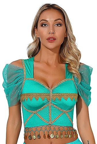 TiaoBug Damen Bauchtanz Kostüm Oberteil mit Münzen Schulterfrei Tunika Shirts Kurz Bauchfrei Crop Top Belly Dance Outfits