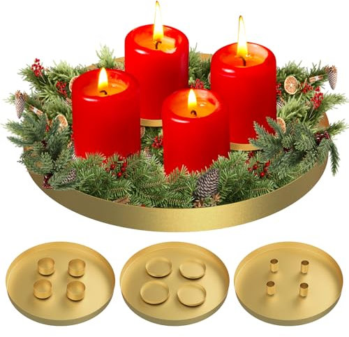 3 in 1 Magnetischen Kerzentablett, 30cm Adventskranz Metall Kerzenhalter Stumpenkerze, Stabkerzen, Magnet Kerzen Leuchter Ständer, Magnetischen Teelichter Deko Kerzenhaltern für Weihnachten (Gold)