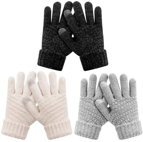HAITHO Handschuhe Kinder Winter 3 Paar, Chenille Stricken Kinder Handschuhe mit Fleece Gefütterte, Handschuhe Jungen Touchscreen Kleinkind Handschuhe für Teenager, Mädchen und Jungen