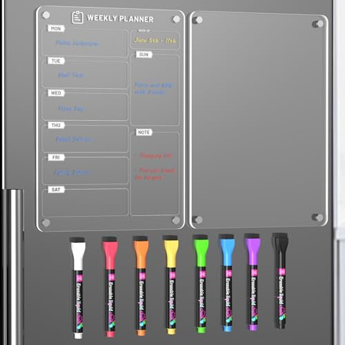 Langaelex 2er Set Wochenplaner Abwischbar A4 (30 x 20cm) - Magnettafel Kühlschrank Acryl mit 6 Kreidemarkern für To-do Listen, Menüplanung und Einkaufsliste - Englisch