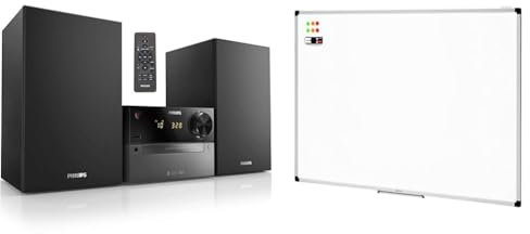 Philips M4505/12 Mini Stereoanlage mit Bluetooth & Amazon Basics Magnetisches Whiteboard mit Stiftablage und Aluminiumleisten, trocken abwischbar, 120 cm x 90 cm (B x H), Weiß