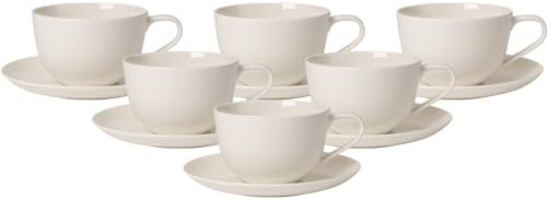 Villeroy & Boch For Me Frühstückstassen mit Untertassen 6er Set, 300 ml, Klassisches Milchkaffee-Set für 6 Personen, Spülmaschinenfest & Mikrowellensicher, Premium Porzellan, Weiß