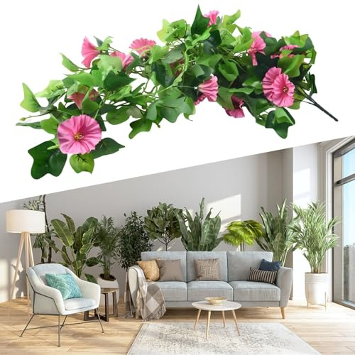Charming Artificial Hanging Silk Flowers Vine, Great for Wedding Bouquets and Parties, Material, Easy to Wash and Hang, Winter Jasmine and Morning Glory Style (Morning glory Rose)