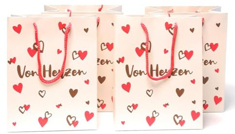4 Stück Premium Geschenktaschen Creme - Rot - Gold á 23x18x10 cm Geschenktüte Papiertüte - Von Herzen - [D813-17]
