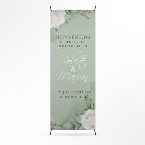 Cartel Bienvenida Boda Personalizado - Photocall Boda para Decoracion Boda | Print Stamp Love, Cartel personalizado, Lona personalizada PVC Resistente con Estructura, Montaje fácil (70x180cm) MODELO 2